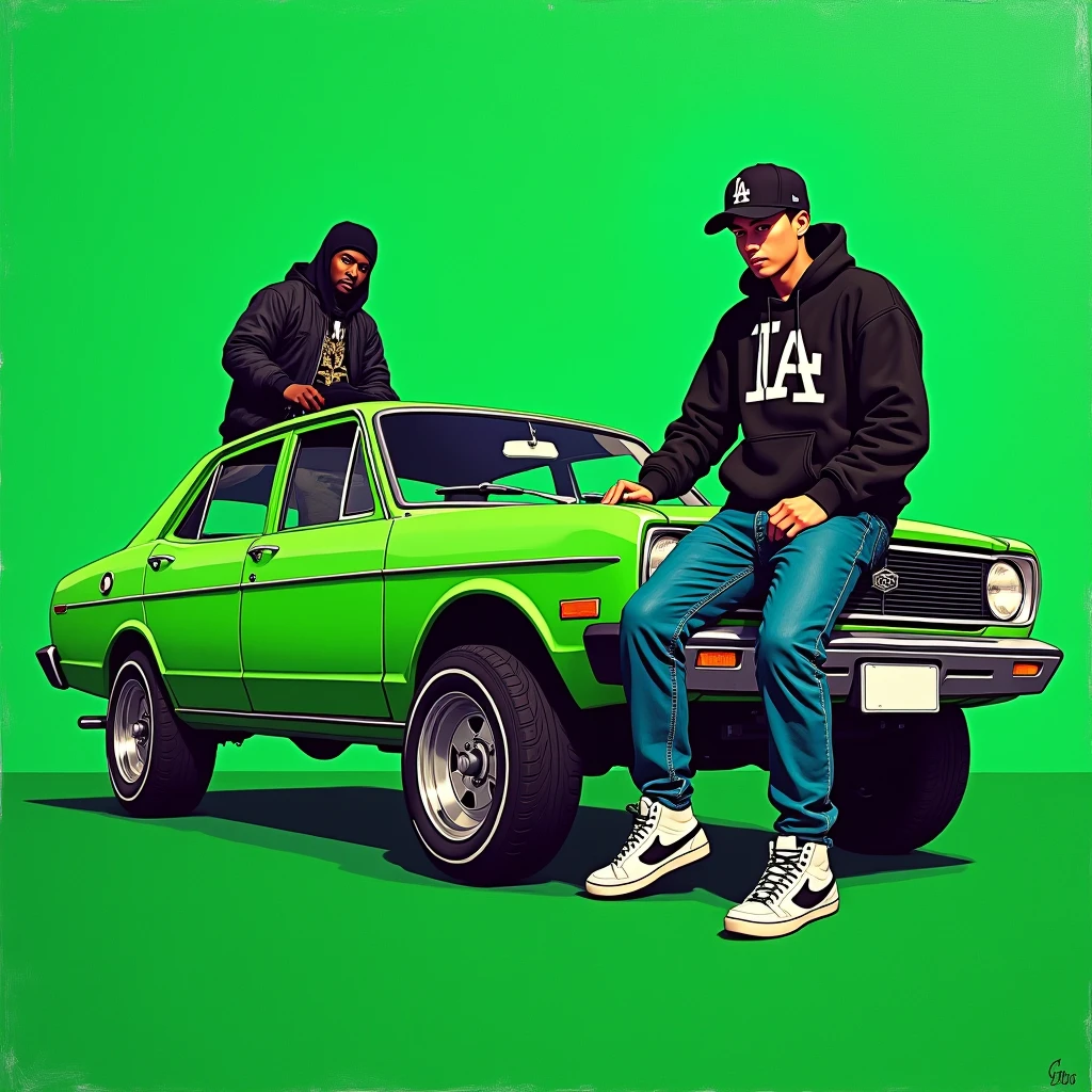 G-FUNK Hip Hop Album Cover, Green Background, Green Car, With If WONA behemes a gangster on the back of the painting, an Asian teen troublemaker with a black LA hoodie, a black LA ball cap pressed deep, and pulled down a wide pair of jeans, with one sitting on the bonnet of his car let the car out to the side, lift the front wheel of the car, like a 2D cartoon