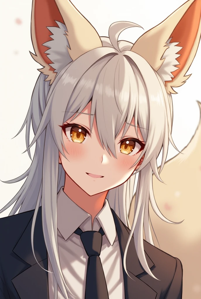 Long white haired boy 20 to 26 with amber eyes, with fox ears and tail, with a kind older brother personality, quite masculine but cute in anime style