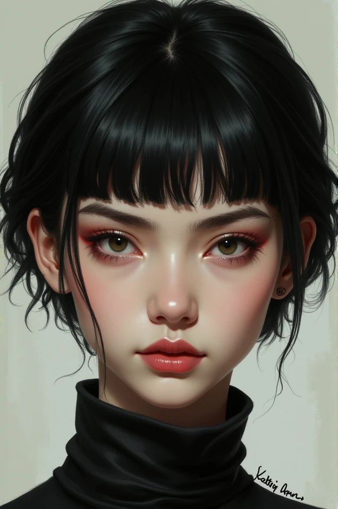 one with black hair in very short rolls with a square face with marked and well-defined eyebrows, thin lips and a wide white nose