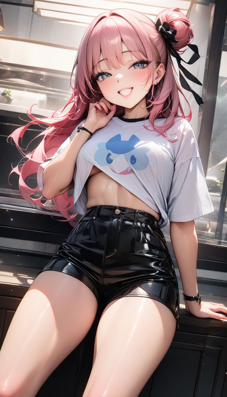 ((最high quality, 8k, masterpiece)), High resolution、(high quality: 1.5)、Very detailed、Detailed face、Bright colors、Natural light、Fine grain、Colorful eyes、Beautiful Face、Highly detailed face texture of a woman,masterpiece, 最high quality, Detailed and beautiful eyes,最high quality、Best image quality、masterpiece,girl,smile,From below,grin,(Brat),Pink Hair,Cute clothes,Printed shirt,Shorts,Just beautiful,masterpiece,(laugh at),最high quality、so beautiful,High resolution,1girl, solo,(masterpiece:1.2)、(最high quality:1.2)、Latest Glossy Skin