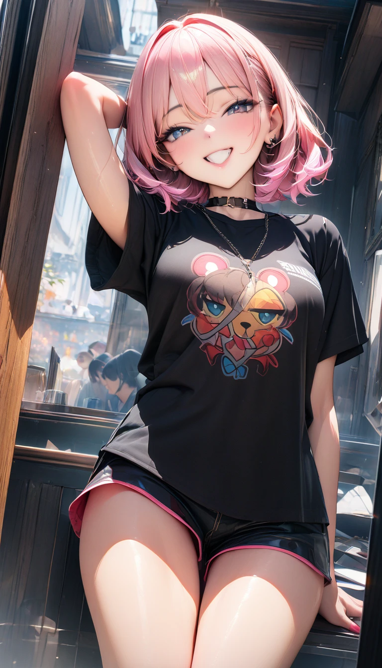 ((最high quality, 8k, masterpiece)), High resolution、(high quality: 1.5)、Very detailed、Detailed face、Bright colors、Natural light、Fine grain、Colorful eyes、Beautiful Face、Highly detailed face texture of a woman,masterpiece, 最high quality, Detailed and beautiful eyes,最high quality、Best image quality、masterpiece,girl,smile,From below,grin,(Brat),Pink Hair,Cute clothes,Printed shirt,Shorts,Just beautiful,masterpiece,(laugh at),最high quality、so beautiful,High resolution,1girl, solo,(masterpiece:1.2)、(最high quality:1.2)、Latest Glossy Skin