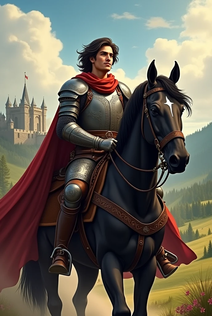 young warrior, handsome, muscular, from the middle ages, with wavy hair and smiling riding a black horse