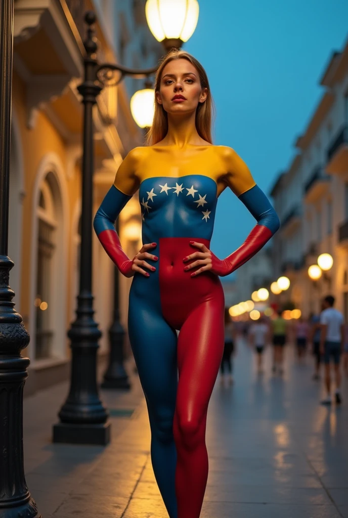 Totally naked Caucasian girl standing behind a streetlight in a public square whith body paint Venezuelan flag covering ger all body with hands posed in hip a full body photo from the front in panoramic view in Full HD