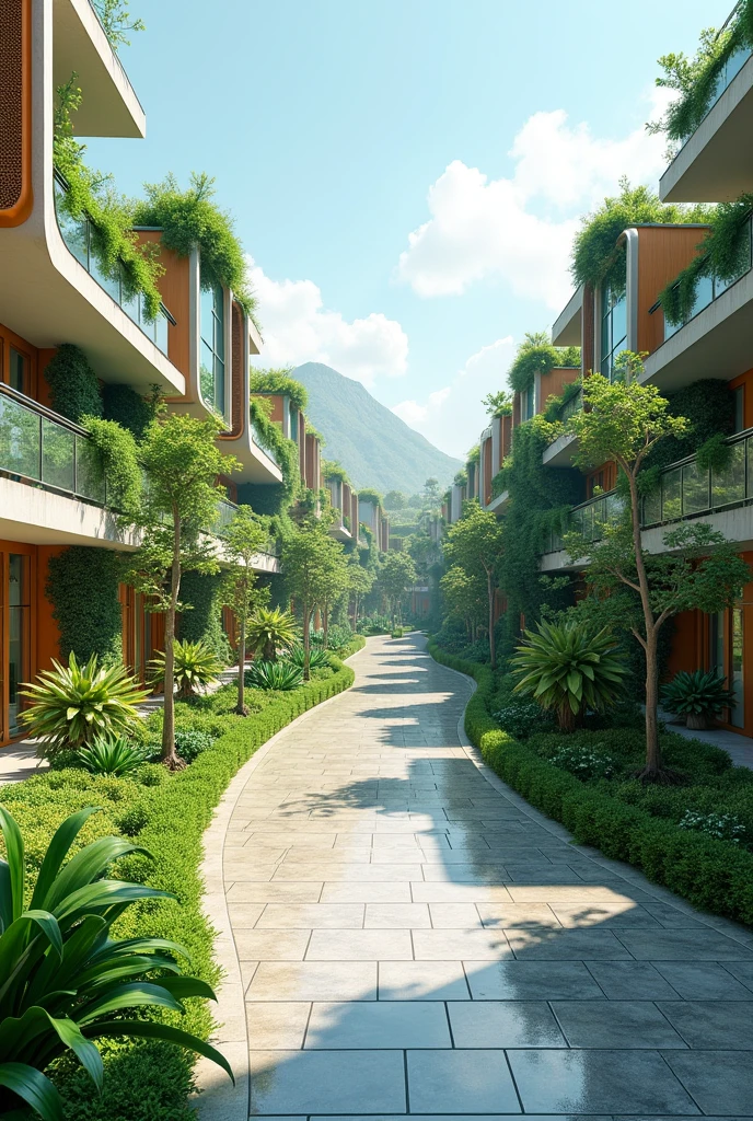 Futuristic residential area in the near future, where recent climate changes have led to the creation of self-sustaining eco-homes. These homes feature living green walls and rooftops covered with vegetation that helps combat urban heat islands. The neighborhood is equipped with advanced air purification systems due to increased pollution levels. Smart streets are lined with interactive holographic displays that provide real-time information on environmental conditions and community events. Solar-powered street lamps and rainwater harvesting systems are common. The scene is vibrant with diverse green spaces and futuristic designs reflecting a community focused on environmental resilience. The image should be in high resolution (4K or higher) and provide a broad view of this innovative residential district, showcasing the integration of nature and advanced technology.
