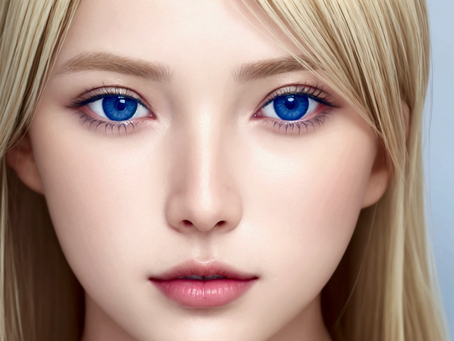 Closeup of a woman&#39;s face ((natural blonde)) ((natural blue eyes)) perfect face good lighting facial details eyebrows and blond hair ultra quality realism in color and details of eyes and skin perfect lips delicate realistic face blond hair realistic facial details framing of the face only 