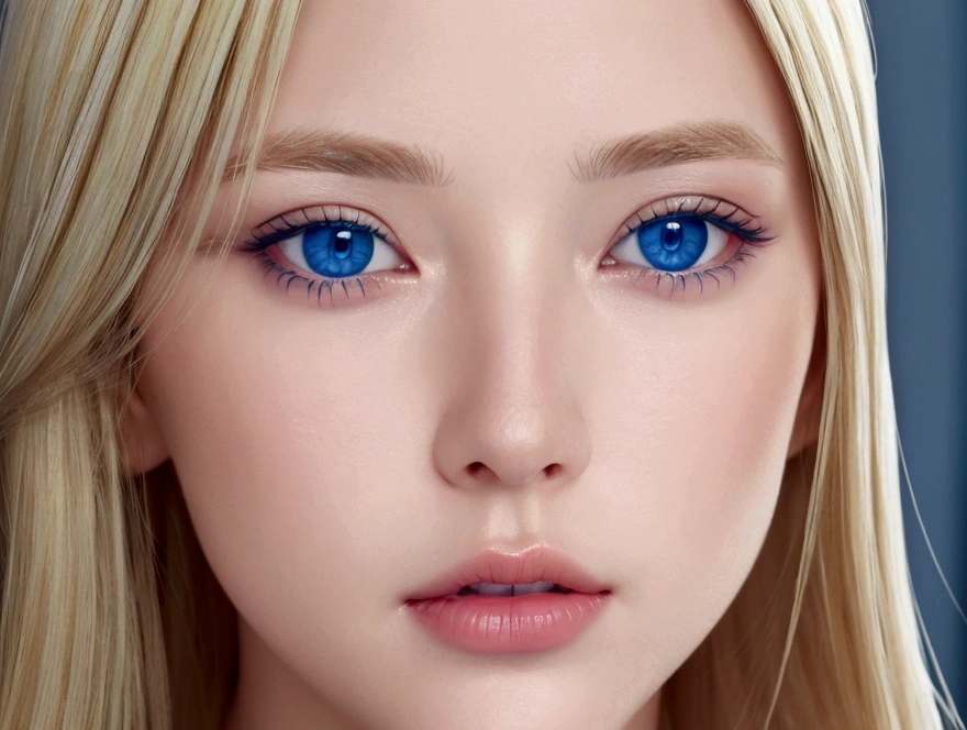 Closeup of a woman's face ((natural blonde)) ((natural blue eyes)) perfect face good lighting facial details eyebrows and blond hair ultra quality realism in color and details of eyes and skin perfect lips delicate realistic face blond hair realistic facial details framing of the face only