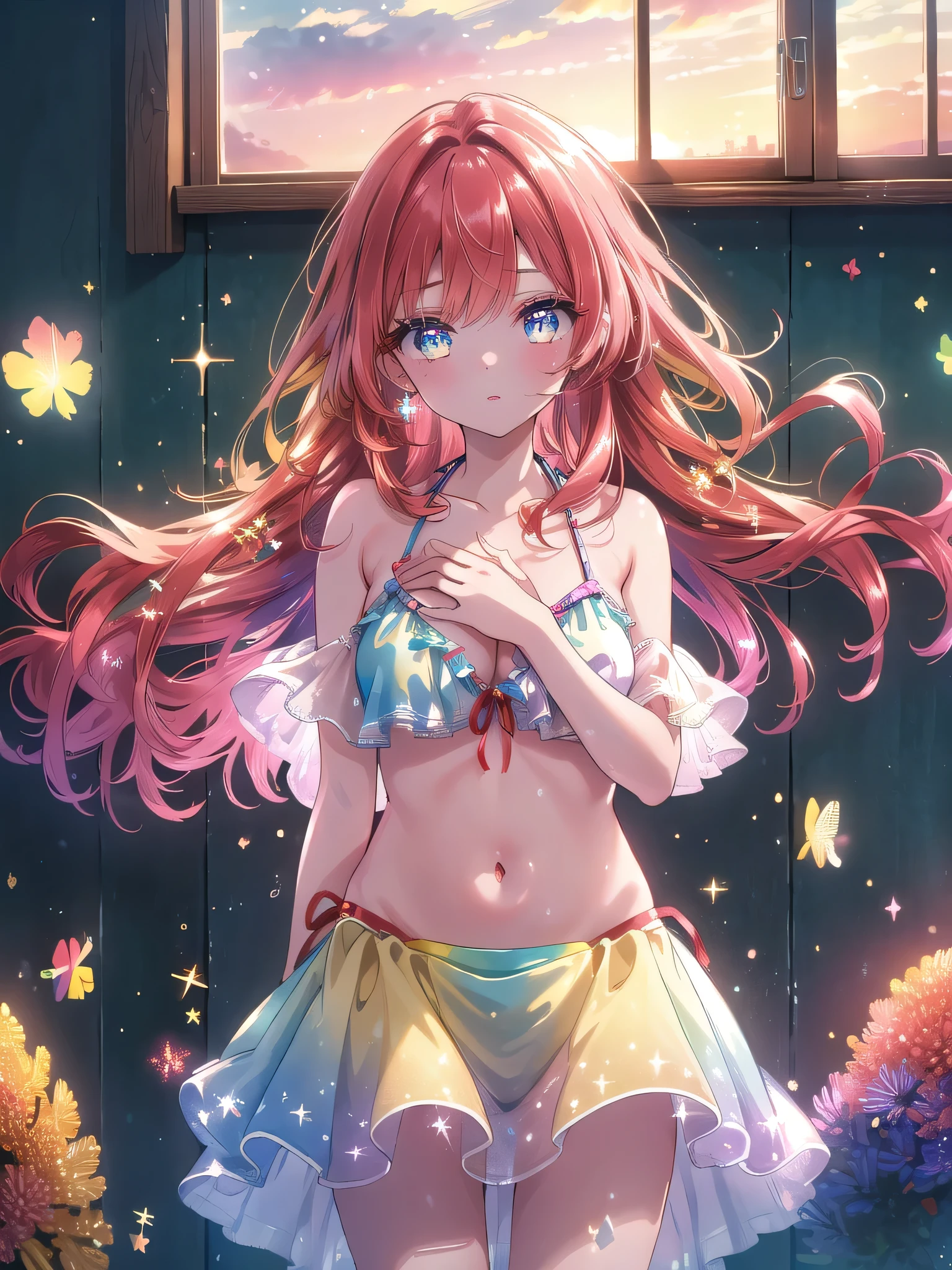 ((8k, Highest quality, masterpiece: 1.3)),Ultra-high resolution,(1 girl, alone), (Color changing eyes, Ultra-detailed, Expressive brilliance, Glitter, Glowing Eyes), Highly detailed eyes, Highly detailed face, Random Hair, ((pastel colour)),With her fiery copper hair catching the golden rays of the setting sun, she stands by the window, one hand resting on her chest while the other gently pulls at the strap of her bikini bottom. Her expression is a mix of playful teasing and subtle allure, and the camera captures the scene from the front, emphasizing the delicate interplay of light and shadow on her skin and the movement of her hands.