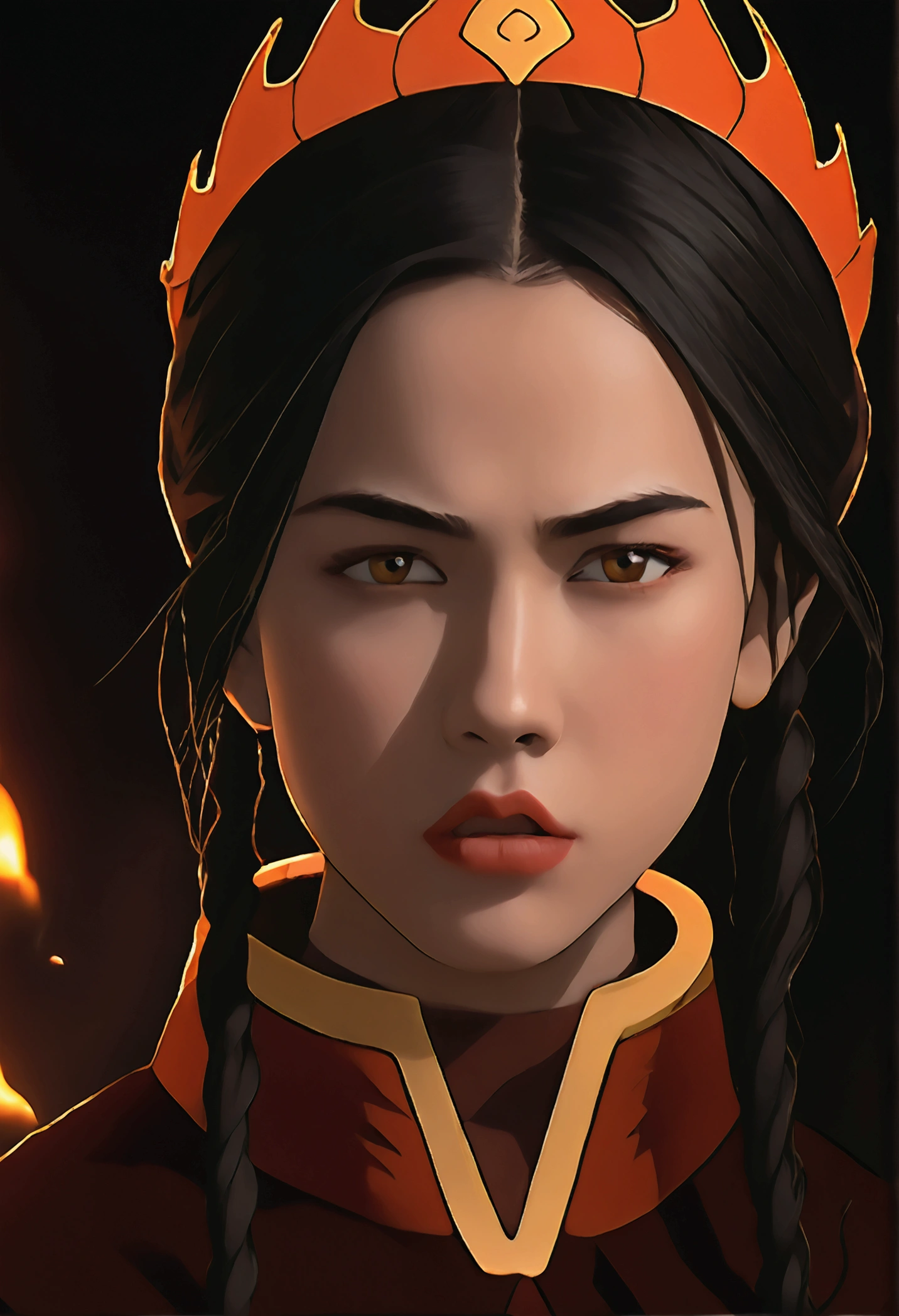 a young girl,beautiful detailed eyes,beautiful detailed lips,extremely detailed eyes and face,long eyelashes,1girl,long dark hair,fire nation princess outfit,angry expression,dramatic lighting,dark fantasy,moody colors,cinematic lighting,fantasy,highly detailed,digital painting,concept art,vibrant colors,studio lighting,dramatic pose,powerful,dynamic composition