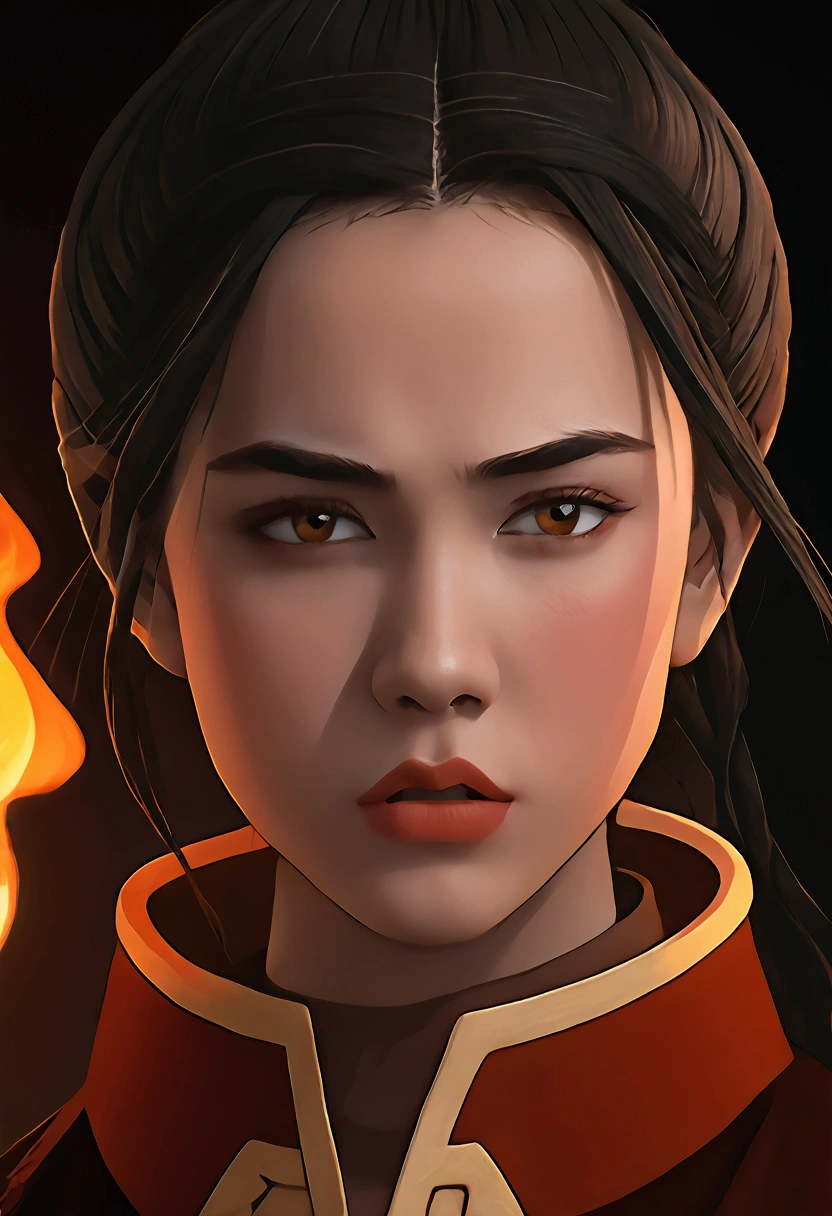 a young girl,beautiful detailed eyes,beautiful detailed lips,extremely detailed eyes and face,long eyelashes,1girl,long dark hair,fire nation princess outfit,angry expression,dramatic lighting,dark fantasy,moody colors,cinematic lighting,fantasy,highly detailed,digital painting,concept art,vibrant colors,studio lighting,dramatic pose,powerful,dynamic composition