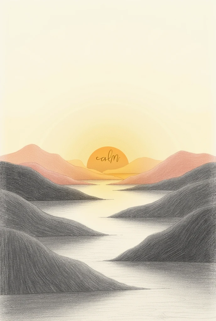 Draw a pencil sketch of a sunset serine with a caption "calm" in the middle