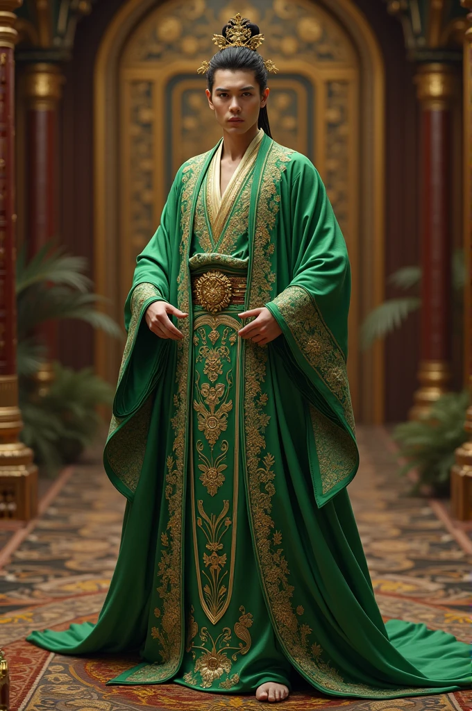 Create a male concubine's wardrobe, The colors of the costume are green and bronze