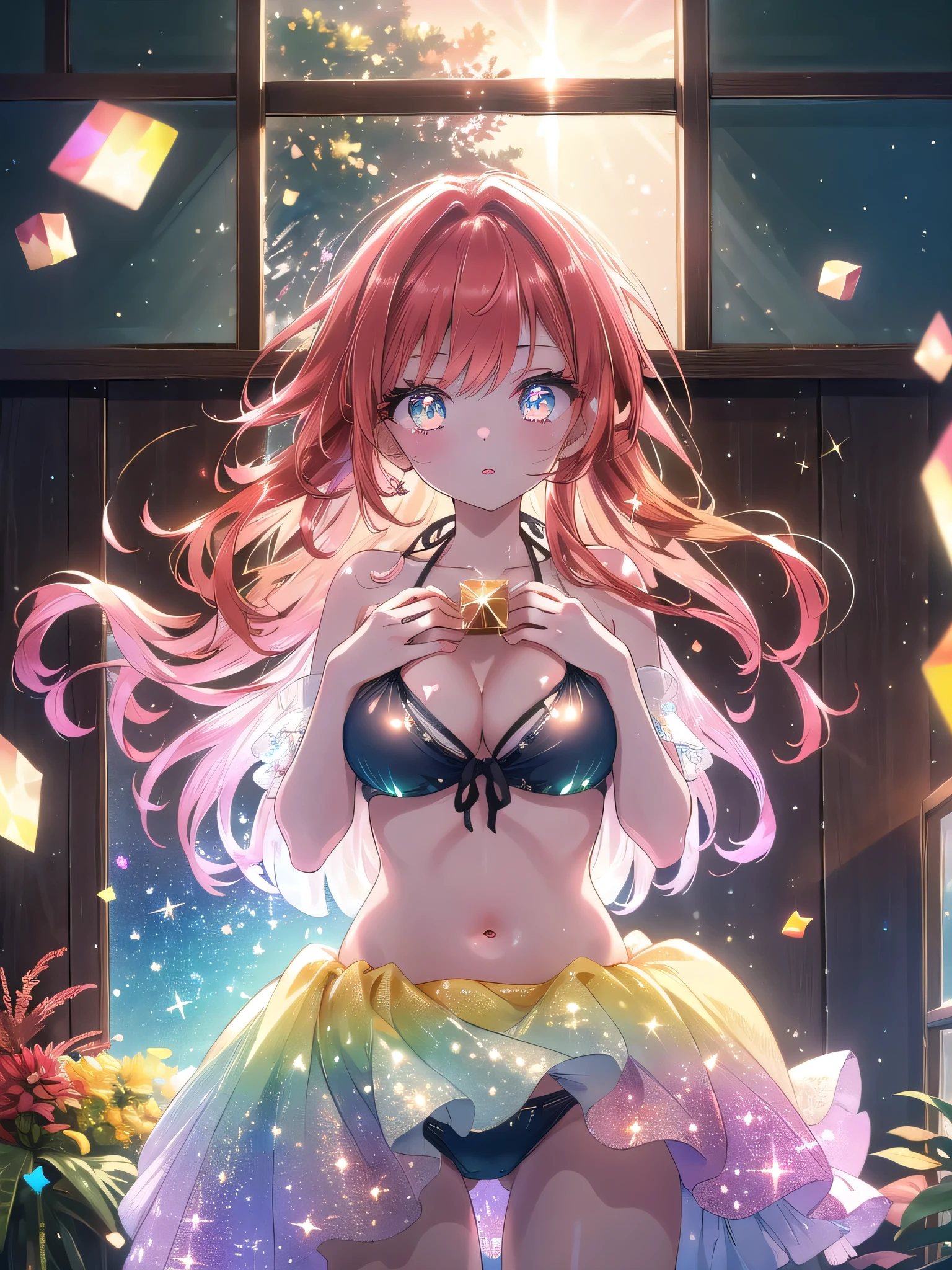 ((8k, Highest quality, masterpiece: 1.3)),Ultra-high resolution,(1 girl, alone), (Color changing eyes, Ultra-detailed, Expressive brilliance, Glitter, Glowing Eyes), Highly detailed eyes, Highly detailed face, Random Hair, ((pastel colour)),With her fiery copper hair catching the golden rays of the setting sun, she stands by the window, one hand resting on her chest while the other gently pulls at the strap of her bikini bottom. Her expression is a mix of playful teasing and subtle allure, and the camera captures the scene from the front, emphasizing the delicate interplay of light and shadow on her skin and the movement of her hands.