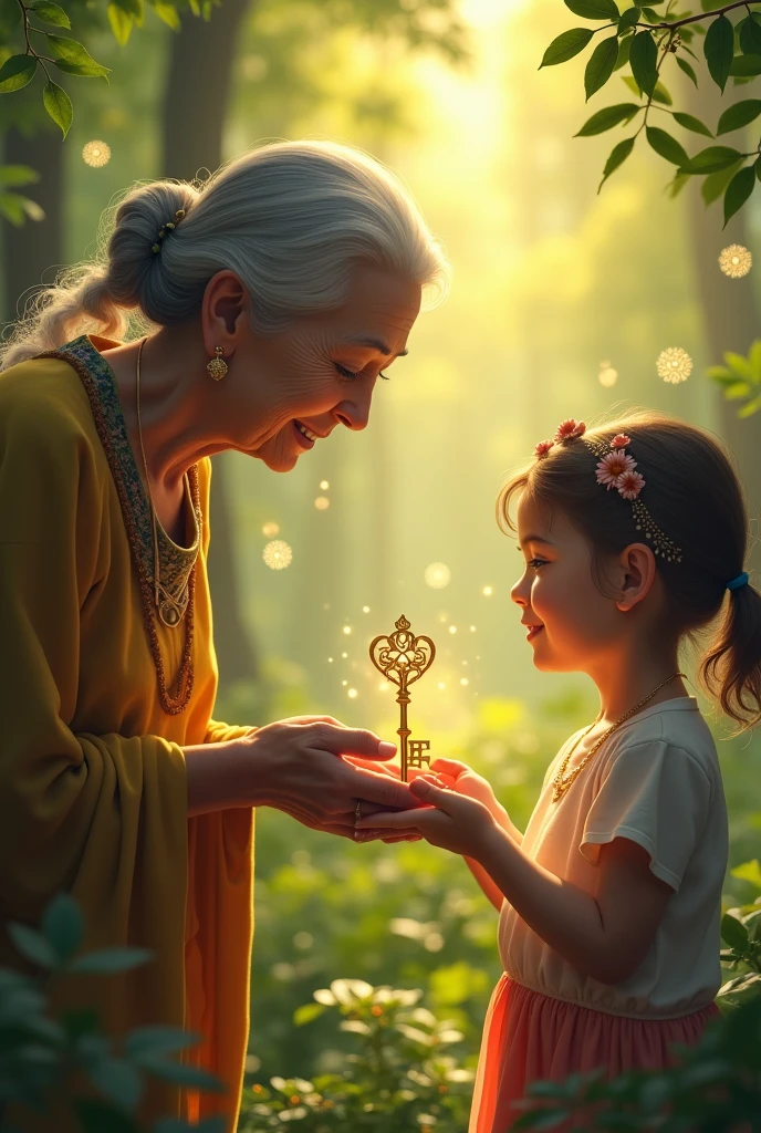 Grandmother handing a golden key to her granddaughter, light colored mandalas, in a forest