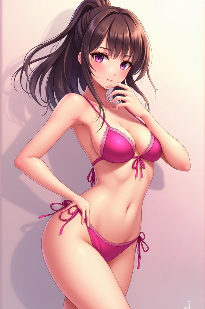masterpiece, best quality, highres, 1girl, kizuna ai, huge breasts ,long hair, brown hair, multicolored hair, floating hair, pink hairband, pink highlights, streaked hair, micro bikini, tattoo on stomach, thong bikini, navel piercing, smiling, hands behind head, squat position