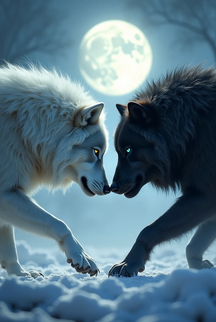 Two huge wolves, one white and one black, separated by a season, the white wolf for winter and the black wolf for autumn. about to attack. In the background a bright moon rising in all its splendor