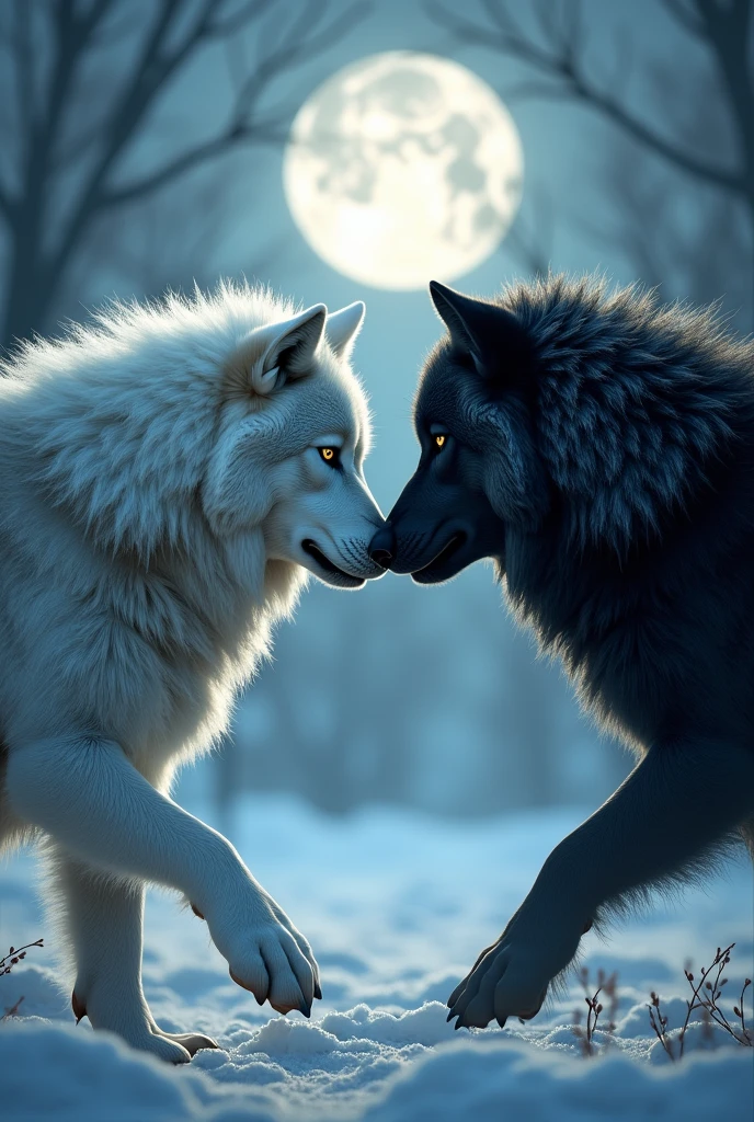 Two huge wolves, one white and one black, separated by a season, the white wolf for winter and the black wolf for autumn. about to attack. In the background a bright moon rising in all its splendor