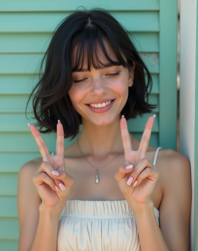 RAW photo, best quality, masterpiece, photorealistic, Polish girl, 20 years old, black hair, Light grey eyes, short bob cut, hair in 7 thirds, hair over one ear, Symmetrical eyes, Detailed Skin, Detailed face, Detailed hands, Big Breasts, rip gloss, Photographed in front of a stylish pastel-colored exterior wall, smiling, eyes closed, peace sign, upper body, sunny, outdoors, detailed background, gel nails