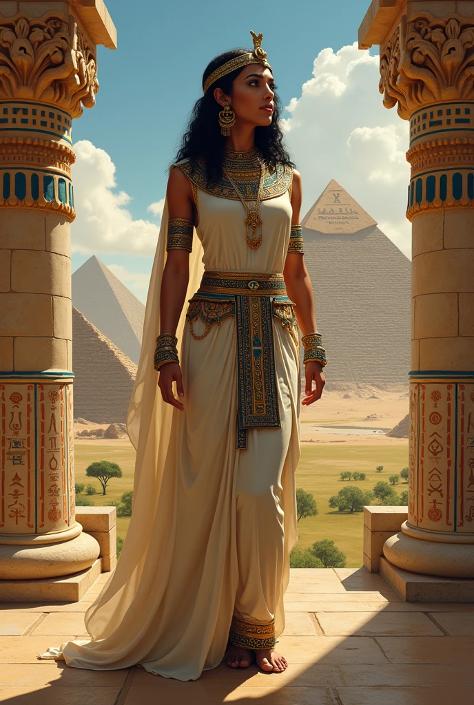 Background depicting Cleopatra as a queen with her typical face with covered clothes and realistic Egyptian culture with landscapes