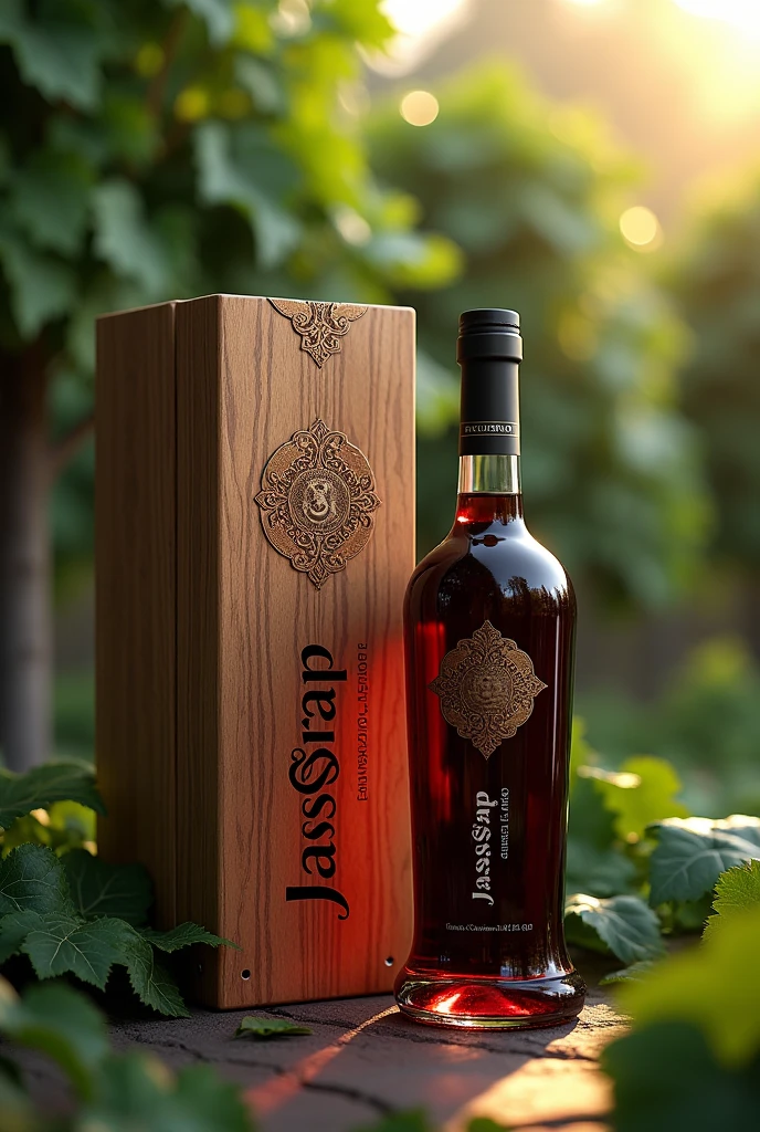 Create an image of a wine and a box With the name JASSGRAP