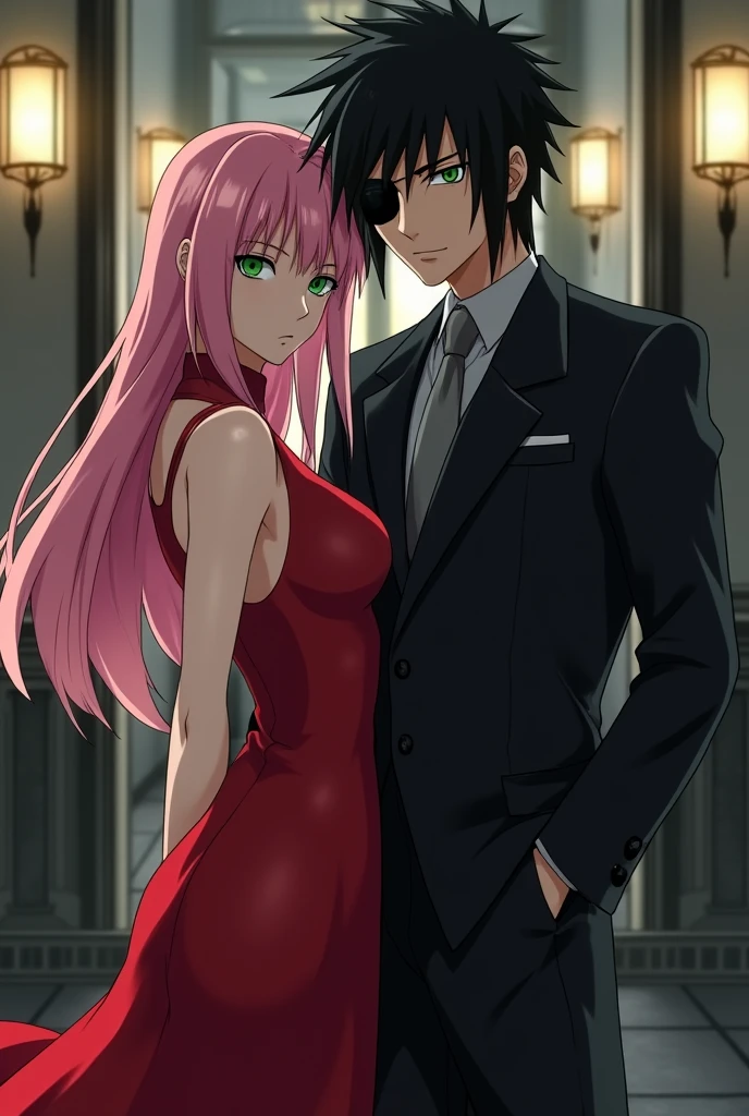 Sasuke Uchiha with a dark hair and black eye patch and a stylish black suit hugging Sakura Haruno with her long pink hair and green eyes wearing a red dress, both dressed in elegant clothes as if they were from the mafia and looking ahead