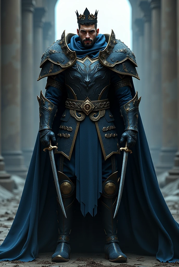 Create a king with a crown on his head, age 28, With a thin body, with black and blue leather armor with a wolf printed on it. short black hair, scruffy beard,  holding a dagger in each hand.