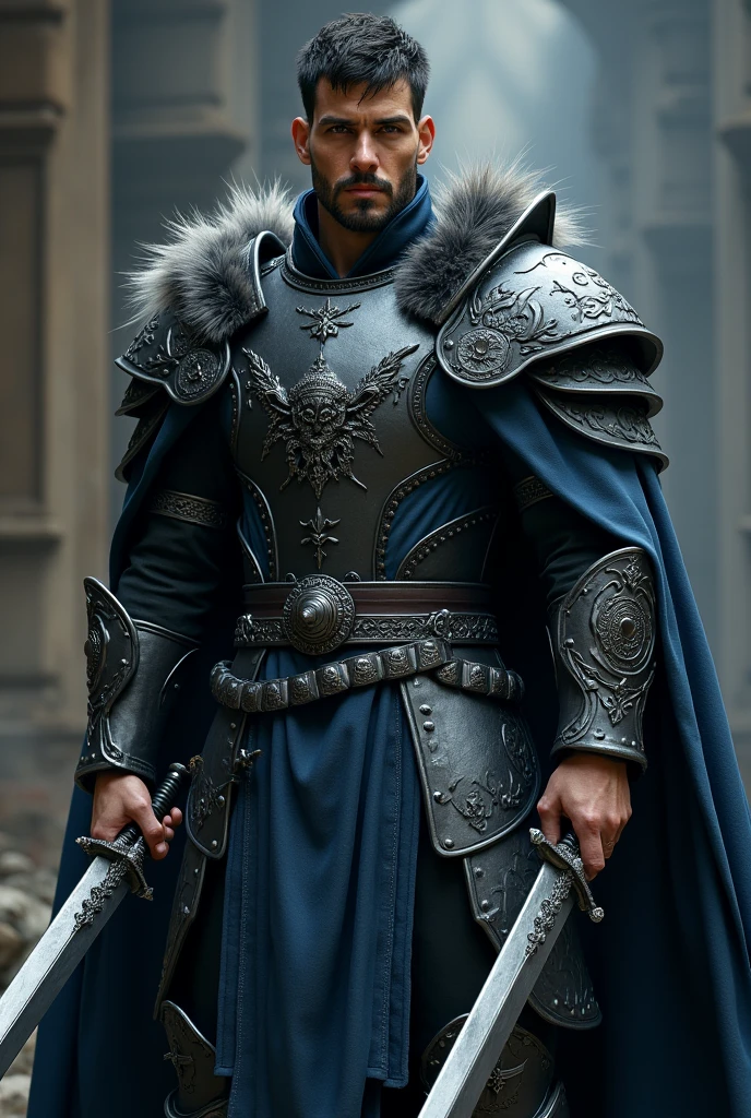 Create a king with a crown on his head, age 28, With a thin body, with black and blue leather armor with a wolf printed on it. short black hair, scruffy beard,  holding a dagger in each hand.