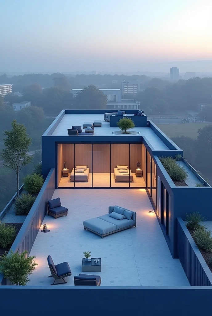 Can you make me a university rooftop?, that on the roof there are 5 rooms, One room is for common use and the other 4 rooms are for individual use to control anxiety and stress., and that each room has a glass wall and the other walls are indigo blue, These rooms must be comfortable and of an adequate size for their function., with an axonometric view