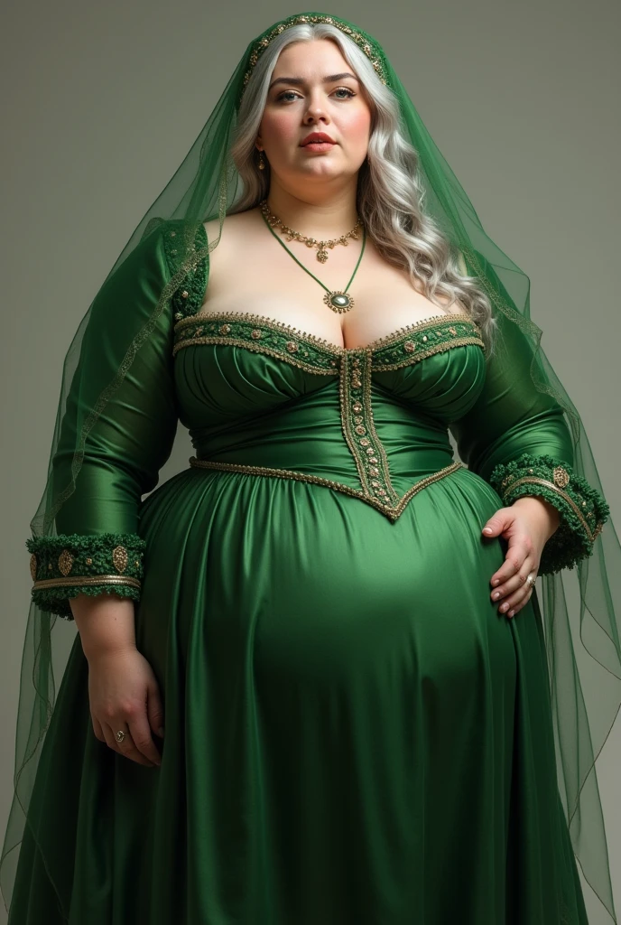A 1, pale skin, silver hair, green 1500 dress, chubby and body with large breasts, a strip on her head with a semi-transparent green veil