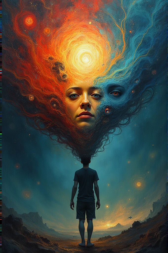 A person surrounded by many emotions that are represented in different ways