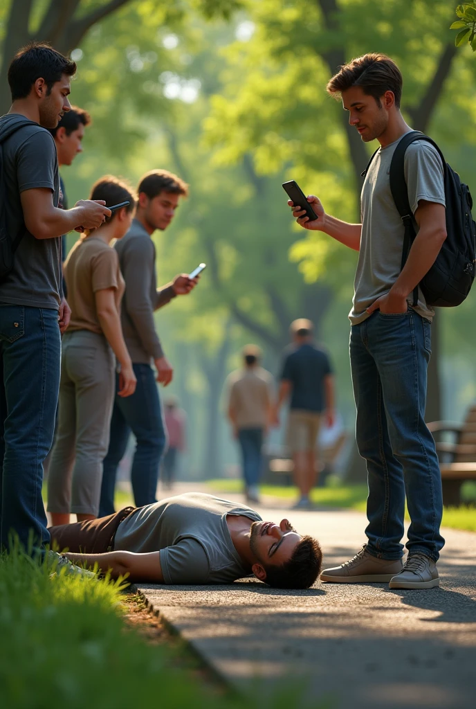 Realistic image of Jhon a 27 year old man with brown hair and dark eyes wearing a grey shirt and brown pants fainted in a park while people call an ambulance and ask for help