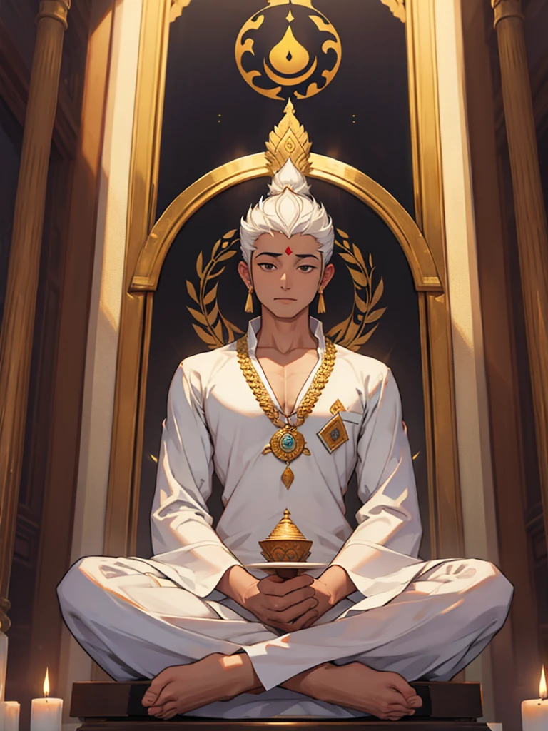 An Indian age male person catching cigarette in his hand and sat in golden chair