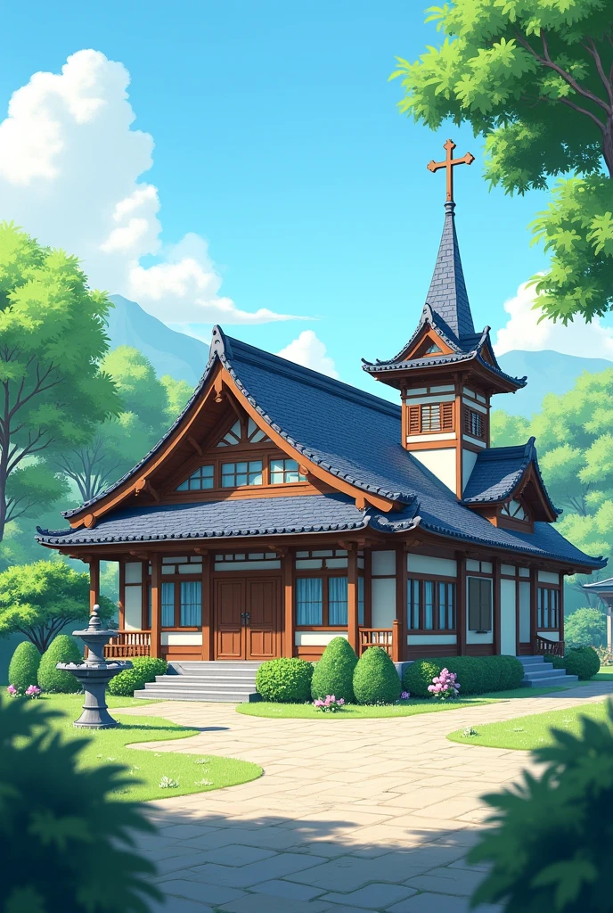 Biệt thự mái Nhật 1 tầng 3 gian, has front facing living room, There is a small church on the right side of the L-shaped house., Japanese roof house with double frontage.5 times the church is facing the living room with a mini fountain, small gentle garden of la han pine.