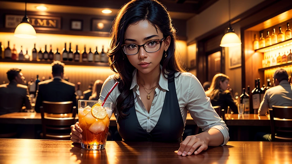 crowded, Lively bar scene, Dimly lit, There are people talking and laughing everywhere, Glasses clink, and music playing in the background. There are bartenders who specialize in mixing drinks and serving customers, The shelves behind them were filled with bottles of various spirits. The bar itself is made of dark wood, Polished until shiny. Customers wear casual and formal attire, Some people sit in bars, Others are on booths or high tables. The atmosphere is vibrant and energetic, With a hint of mystery. The colors are warm and inviting, Featuring a subtle red and gold color scheme. Insufficient lighting, Cast a soft glow and create interesting shadows. Overall, The scene exudes excitement and sophistication, Capture the essence of a bustling bar. (Best quality,Ultra-detailed,Realistic:1.37),Lively,Energetic,Crowded,Experts in mixed drinks,exciting atmosphere,Warm color tones,Soft lighting
