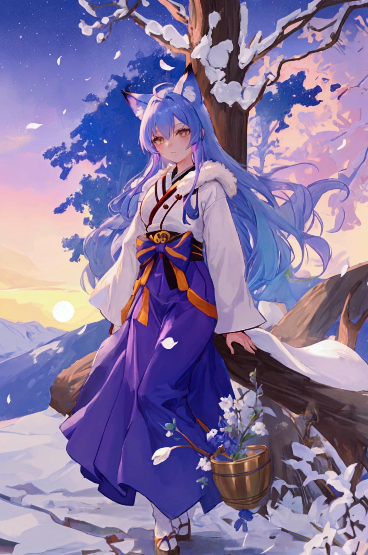 fox Light blue hair beast girl indigo fur fox beast girl Sesshomaru, Yellow eyes, Anime, Perfect face, Perfect Lighting, Outdoors, Warm colors, Dark purple sky, Autumn sunset, \(inuyasha\), Bearing Claw, Ready to fight wave, koi fish, anime artstyle, wide view, fluffy. yellow fox, marking under the eyes, crystal antler ,violet eyes, wearing bandanna, flower petals, Ambient light,Ultra-fine fur,volumettic light,natural lightting,fox tail,nevando,35mm。High quality, high detal, Best quality, hyper HD,individual,Single