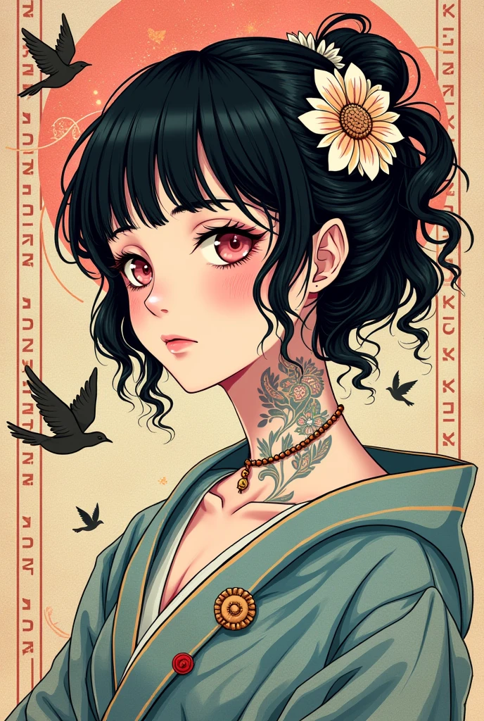 ((best quality)), ((masterpiece)), (detailed), ((perfect face of [Nezuko Komado] from Kimetsu No Yaiba)), black hair, pink eyes, surreal, art nouveau, sparrows, fantasy, sci-fi, line drawing, japanese, traditional, vintage, elegant, chic, sophisticated, tattooed face, black and white, in the style of french illustrator moebius, 

