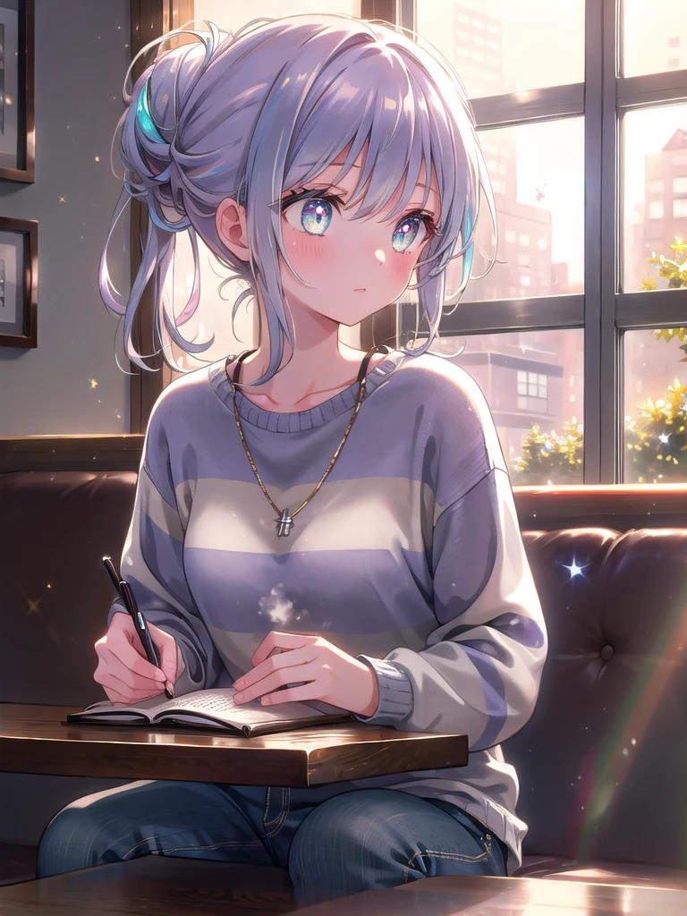 ((8k, Highest quality, masterpiece: 1.3)),Ultra-high resolution,(1 girl, alone), (Color changing eyes, Ultra-detailed, Expressive brilliance, Glitter, Glowing Eyes), Highly detailed eyes, Highly detailed face, Random Hair, ((pastel colour)),The girl is sitting at a small table in a quiet café, studying for an upcoming test. She’s dressed in a simple, striped sweater over a pair of jeans, her hair tied up in a messy bun. Her expression is focused and determined as she takes notes in a notebook, a cup of coffee steaming beside her. The café is cozy, with a few other customers scattered around, and the soft sound of jazz music playing in the background. The late afternoon light filters through the windows, casting a warm glow on her focused face. (afternoon light, casual outfit, focused expression, studying scene)
