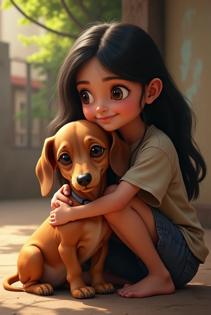 from this platform: "There is a small dachshund that has many small white spots around its face. , She has a light brown body and a ager who is hugging her, straight black hair and brunette in Guaranda Ecuador