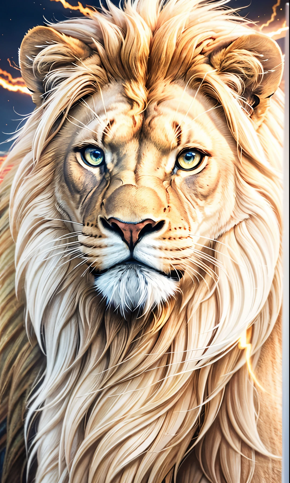 Lion, Divine Lion, naturals, thunder, Realistic Lion, rey, realistic detailed, sunset light, sky, Sol noturno, realistic detailed 16K, Eletricidade Detalhada 8k, darkness background, Texturas realistas de 8k, Cores photorrealistic 8k, fire azul, realistic detailed Fire Bolt, sky Light Detailed, Power of thunder, Divine realistic, gold color, our divine, golden light, naturey, Linda, Rendering, photorrealistic, UltraHigh definition, 4K, detailed textures, thunder, detailed shadows, detailed colors, neon blue, blue light, lightnings, blue power, naturey Linda, Great Divine, peaceful face, naturalss, lightning, Electric power screw, detailed contrast, realistic contrast, high resolution, detailed colors, fire, villany, divine creature, 8k FullHD, realistic detailed, 16K, 8k, High definition, detailed contrast, realistic contrast, high resolution, detailed colors, fire, villany, divine creature, 8k Realistic Lion Face, realistic detailed, posh, elegance