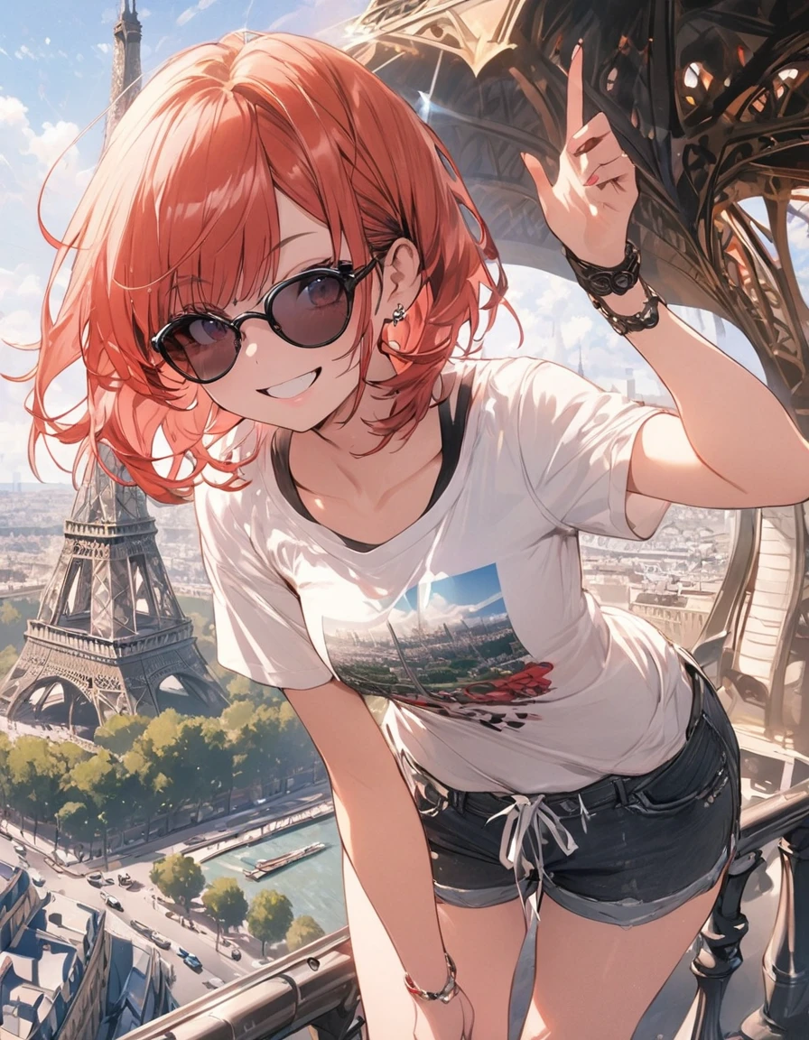 masterpiece、1 girl, short hair,T-shirt and shorts, sunglasses, smile, paris city background, city of paris, daytime, ((eiffel tower))