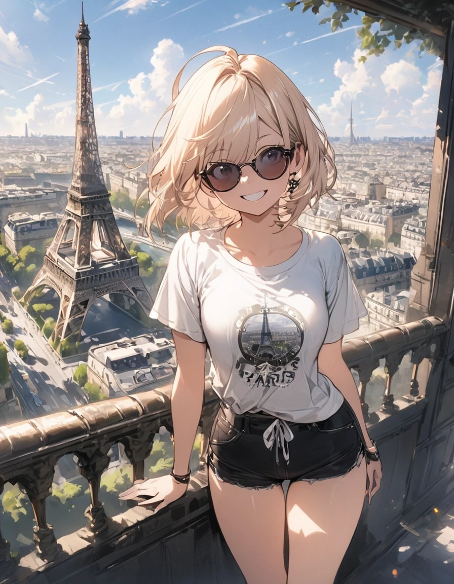 masterpiece、1 girl, short hair,T-shirt and shorts, sunglasses, smile, paris city background, city of paris, daytime, ((eiffel tower))