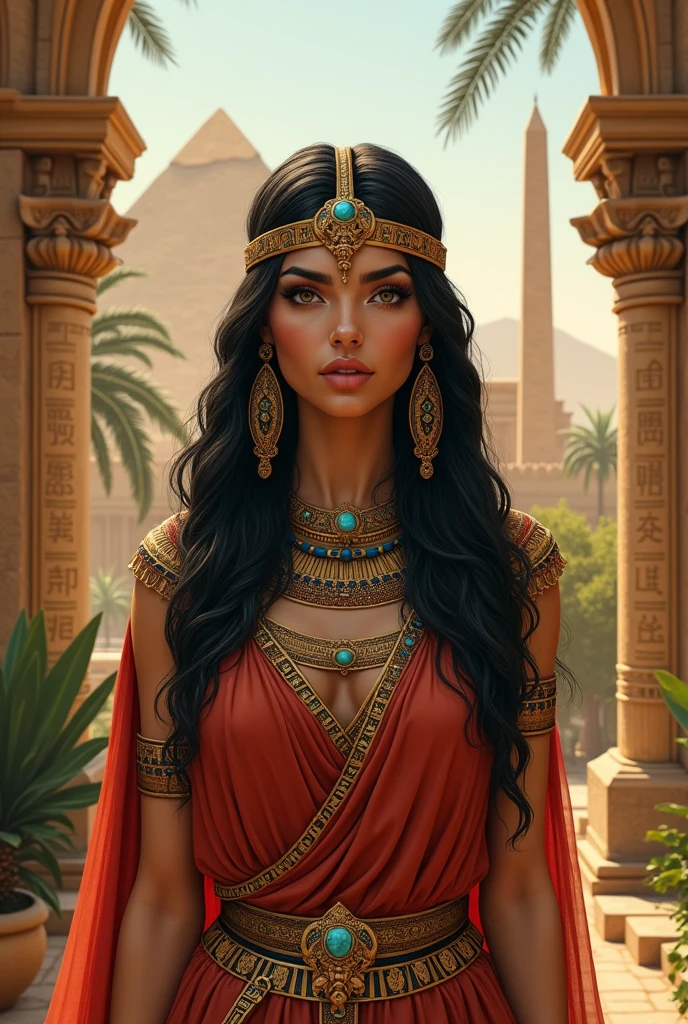 Background depicting Cleopatra as a queen with her typical face and hairstyle with covered clothing and realistic Egyptian culture with landscapes
