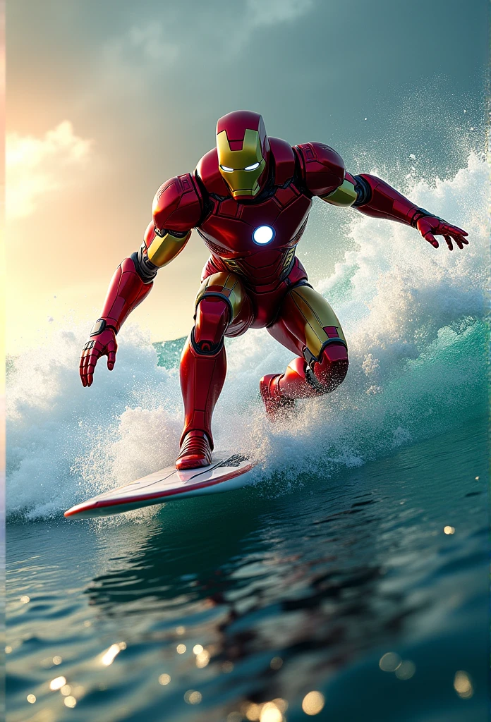 Iron Man surfing on a surfboard