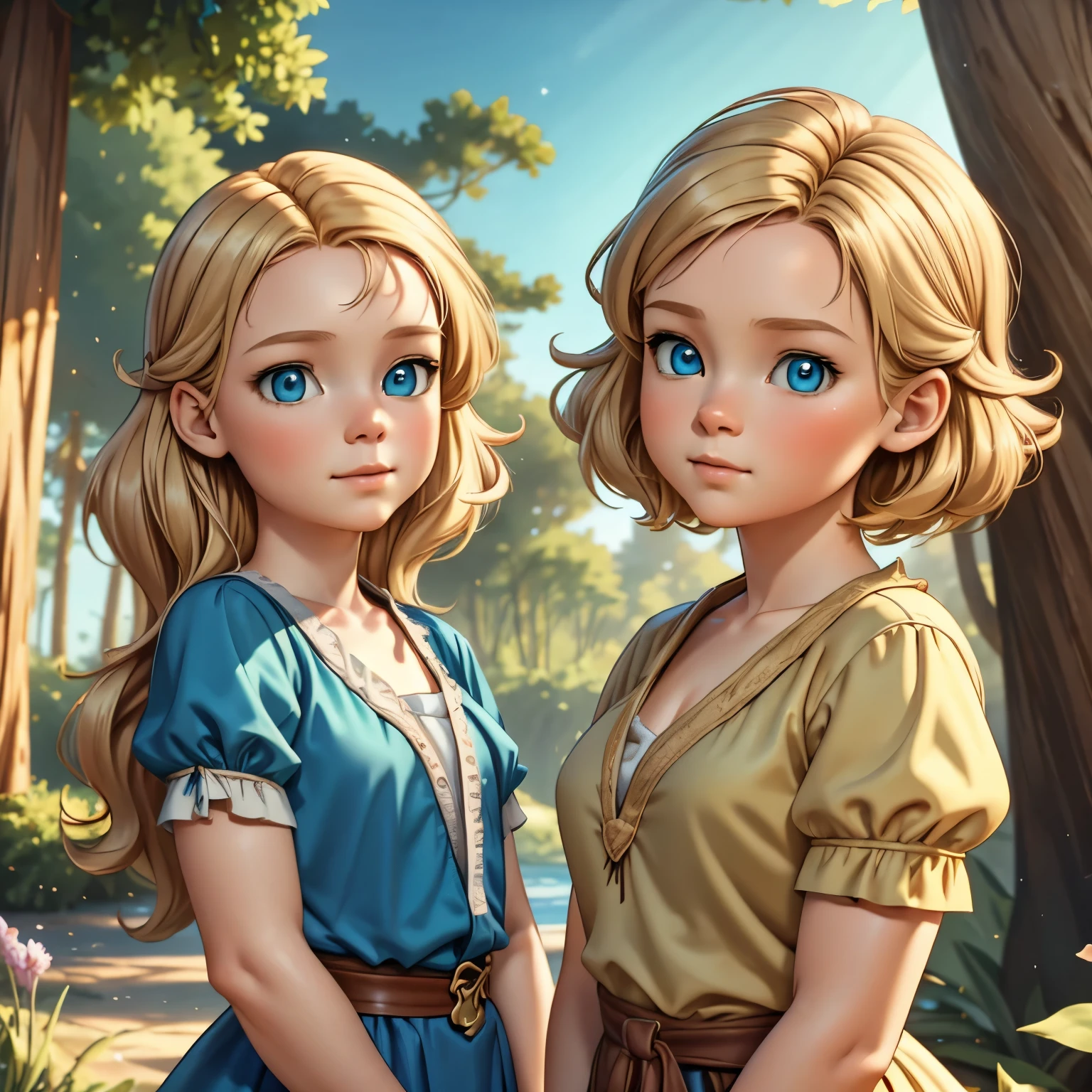 Masterpiece, 4K,8HD,artstation,best qualityer,soft lighting,8k,perfection,forest,,13 year old,adolescent,tree twins,blondes,blue colored eyes, pirates,Juntas,one next to the other,sisters,Caribbean island,day in beautiful