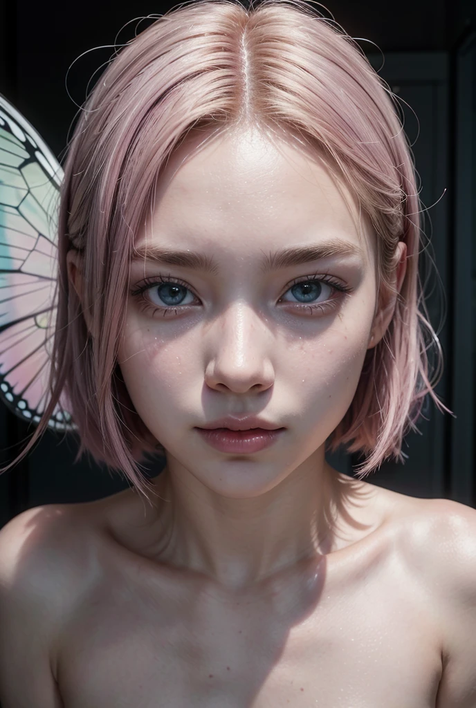create an image with two characters a young white and athletic man, his eyes are green, his hair is pink, straight and short, his face is round and beautiful, his eyes are sexy and bright, his lips are thick, he has an Italian nose , her cheekbones are well defined and soft, her skin shines and is a young adult girl with transparent pink butterfly wings, purple and straight hair, her face is round and with Korean features, both are blindfolded and with chains holding them, body all