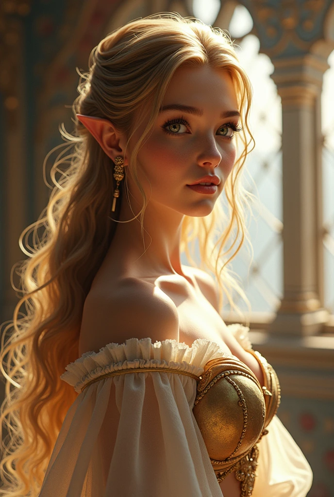 a beautiful zelda character, 1girl, detailed face, detailed eyes, detailed lips, long eyelashes, elegant princess dress, flowing hair, detailed intricate fantasy background, detailed castle architecture, sunlight streaming through windows, dramatic lighting, photorealistic, 8k, hyper detailed, masterpiece