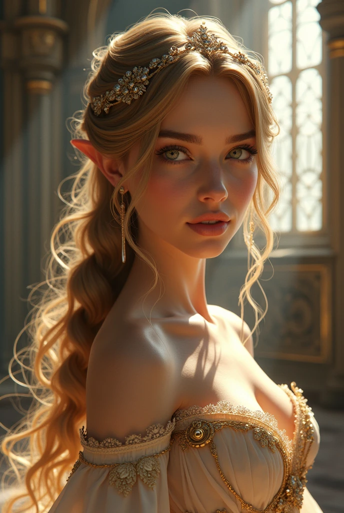 a beautiful zelda character, 1girl, detailed face, detailed eyes, detailed lips, long eyelashes, elegant princess dress, flowing hair, detailed intricate fantasy background, detailed castle architecture, sunlight streaming through windows, dramatic lighting, photorealistic, 8k, hyper detailed, masterpiece