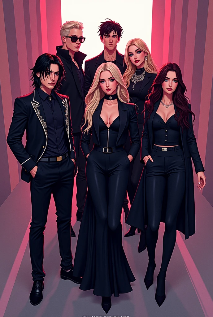 I want you to create a cover of 2 men and 5 women dressed in black but that are animated but with two men and five women