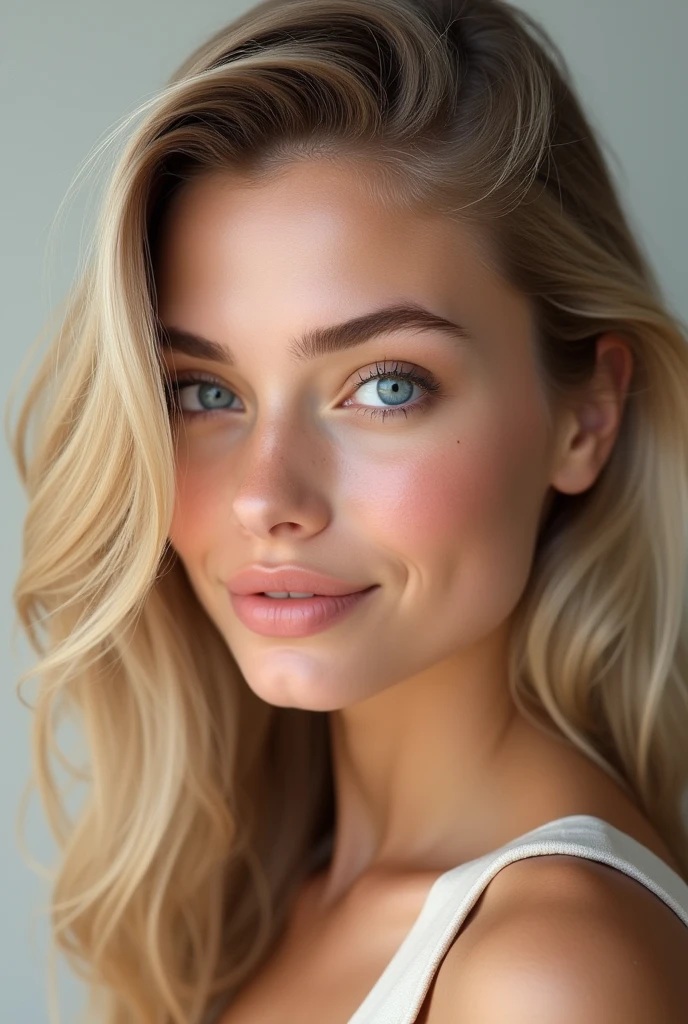 raw photo of beautiful female, looking at camera, centered portrait upper body, Miss Sweden, slim perfect face, natural look, playmate, wavy blonde, wet hair tied in a bun, supermodel, wet skin, pale skin, blushing cheek, very very small bust, closing eyes, feeling ecstasy, nude skin, in photo studio
