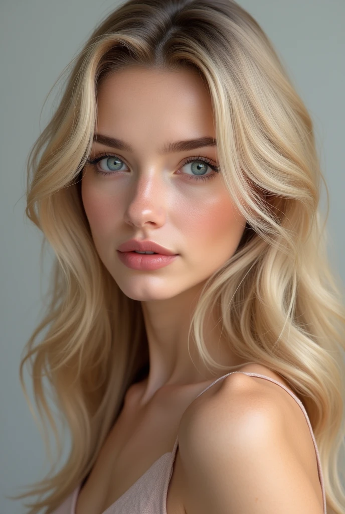 Create a realistic portrait of a 21-year-old woman with bright blue eyes and silky blonde hair. She has smooth, flawless skin, pronounced cheekbones, and pink lips. Her expression is charismatic, exuding confidence and charm. The hair should appear glossy and well-maintained, framing her face in a natural, graceful manner.