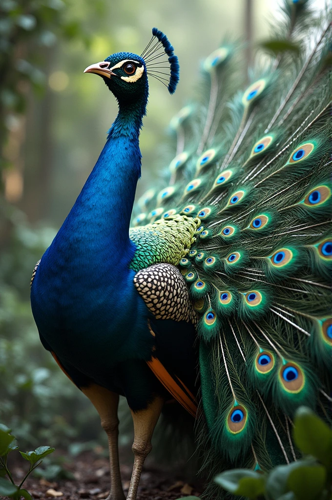 Birds tearing peacock feathers